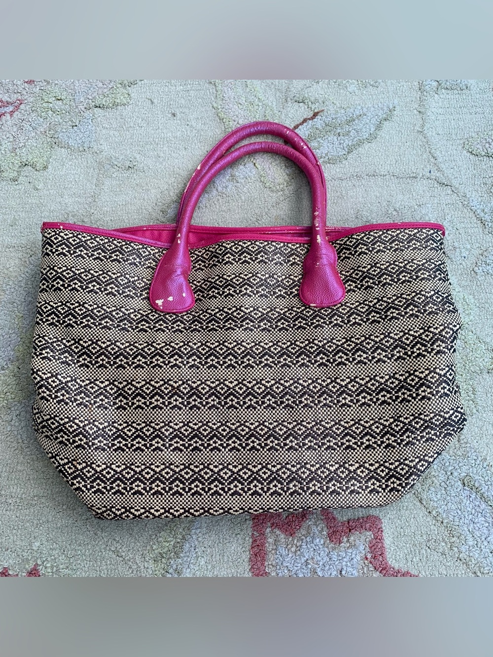 Deux Lux Chevron Woven Large Beach/Market Tote Bag with Hot Pink Handles